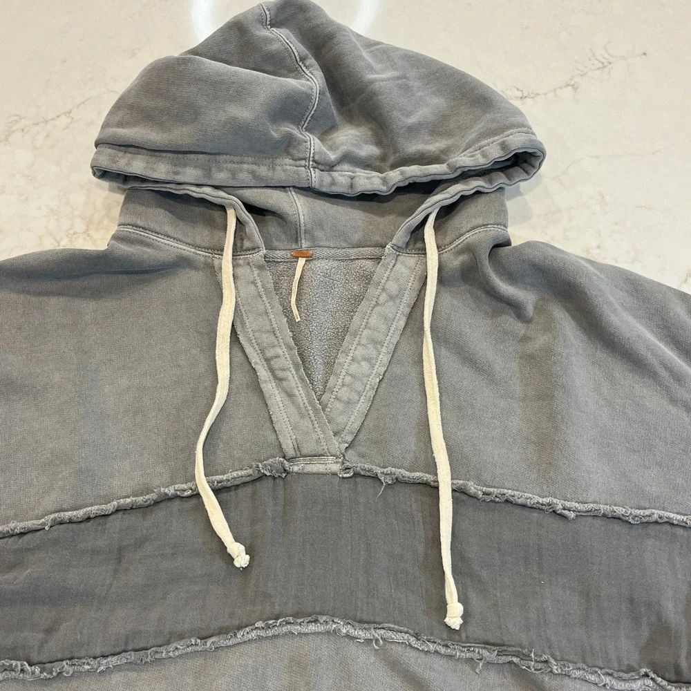 Free People Sail Away Ruffle Hoodie Womens L Gray Cotton Oversized Tunic Raw Hem